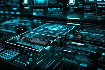 Fototapeta premium Futuristic digital interface with glowing elements and data visualization, perfect for technology and innovation themes.