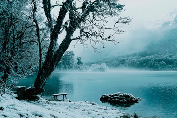 fog over a lake in a snowy winter setting