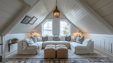 36. Spacious attic conversion with cozy seating and sloped ceilings