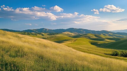 Fototapeta premium Golden grass-covered hills under blue sky with distant mountains in scenic countryside landscape
