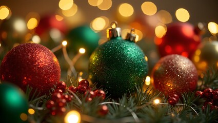 Vibrant Christmas ornaments on pine branches with fairy lights