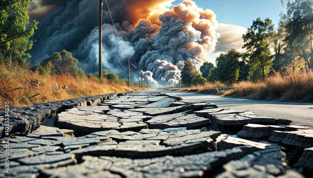 Wall mural a dramatic landscape unfolds with cracked asphalt along a rural road, surrounded by smoke billowing 