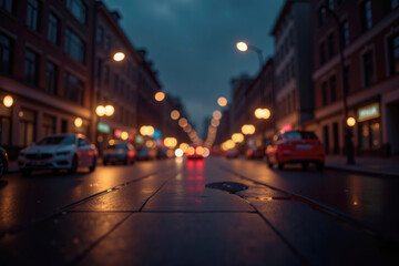 Wet pavement reflecting city lights on a dark evening