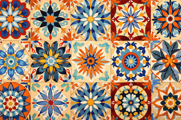 Colorful ceramic tiles forming floral pattern are making a vintage background