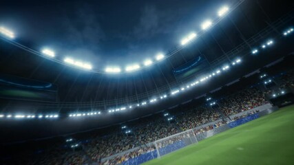 Night Drone Flight Around a Soccer Stadium. Aerial Views Capture the Pitch and Stands Filled With Thousands of Spectators. the Arena Hosts a Major Sport Event. 360 Degree Orbital Cinematic Shot