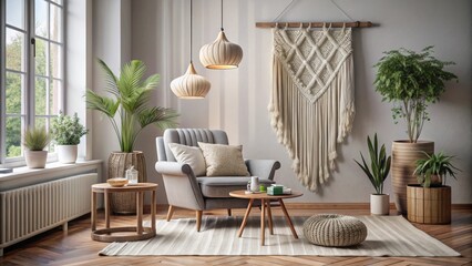 Fototapeta premium A cozy living room with a grey armchair, two hanging light fixtures, a woven wall tapestry, plants in pots, and a coffee table with a cup of tea and books