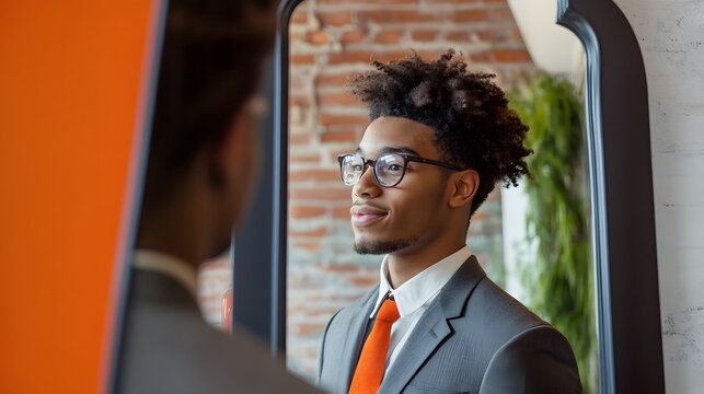 81. A young marketer practicing their pitch in front of a mirror