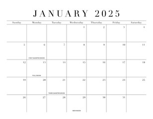 January 2025 Elegant Month Calendar Grid for North America, transparent background