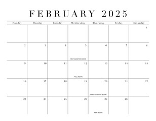 February 2025 Elegant Month Calendar Grid for North America, transparent background