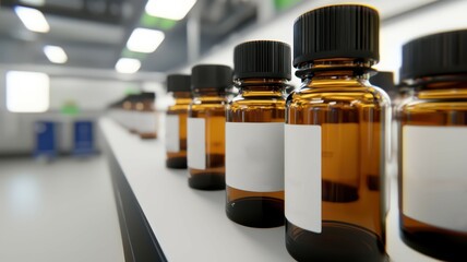 Brown glass bottles arranged on a shelf in a laboratory setting, ideal for various chemical or pharmaceutical uses.