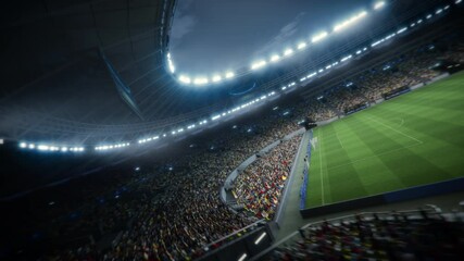 Night Drone Flight Circles Soccer Stadium During Major Event. Aerial 360 Degree Orbital Cinematic Flyover. Football Tournament, Cup Broadcast. Sport Channel Network Television Playback, Screen Content - Powered by Adobe