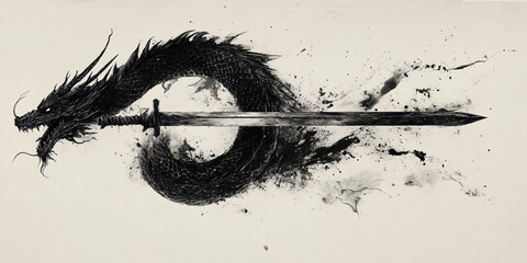 A black and white ink wash painting depicting a black dragon coiled around a sword.