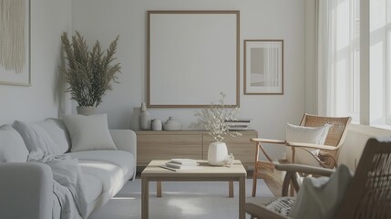 A minimalist living room with neutral tones, featuring cozy seating, soft lighting, and natural elements, creating a harmonious and serene atmosphere.