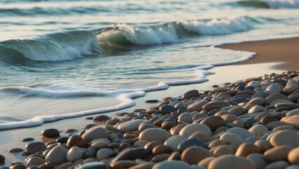 Obraz premium Waves Washing Over Smooth Pebbles on the Shore.