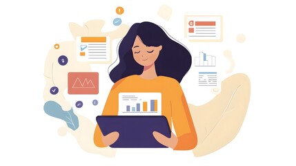 122. A young woman studying marketing strategies on her tablet