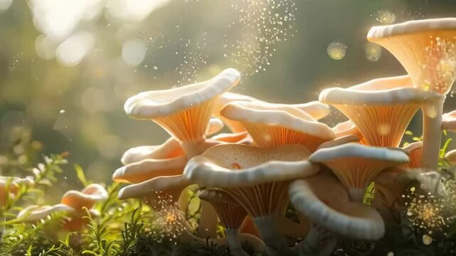 Cluster of king trumpet mushrooms in autumn light, Video