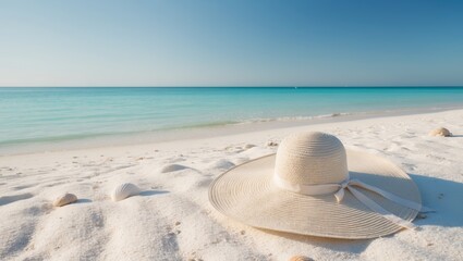 Calming Travel Banner with Pristine White Sand Beach and Stylish Sun Hat by the Serene Ocean.