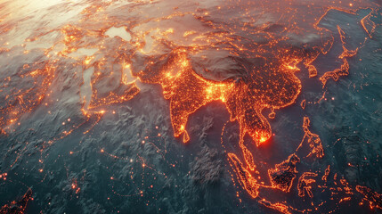 Abstract orange network map of Asia global data transfer concept digital illustration