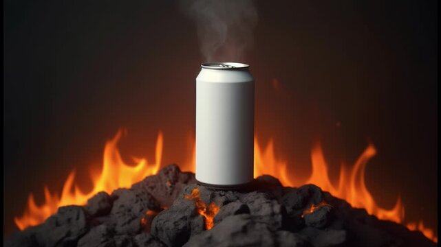 A white blank mockup Soda Can Mockup on a black rock, engulfed with flame