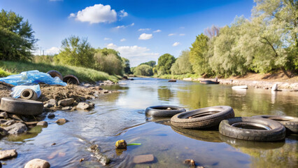Fototapeta premium A serene river flows past a bank cluttered with old tires and plastic waste. Lush greenery lines the edges, contrasting with the environmental pollution present in the scene