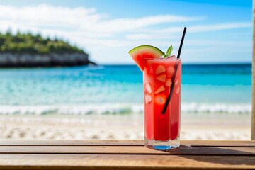 Obraz premium Close-up of a refreshing watermelon mocktail at the summer beach bar with copy space background.