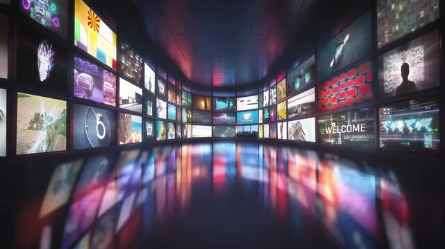 Multiple monitors in room with multiple screens on the wall and various social media, modern, future life content, conceptual smart TV, Generative AI