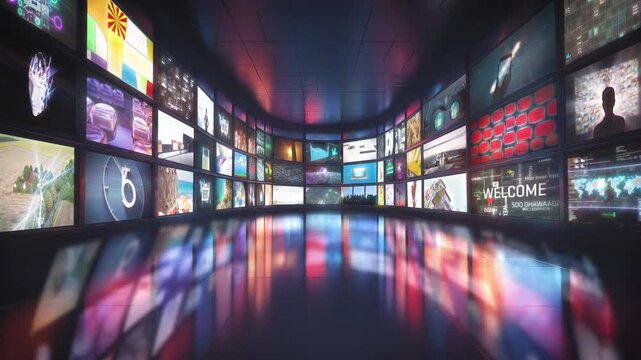 Multiscreen led wall display array of digital content, showcasing variety of video content social media