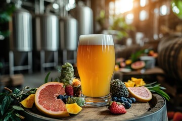 Hazy New England IPA on barrel with fruit slices and hop cones in trendy brewery