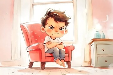Angry boy sitting on a small red chair in a room with arms crossed