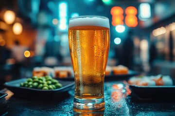Japanese rice lager with sushi and edamame on table under neon lights in Tokyo