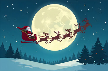 Fototapeta premium Santa Claus riding in sleigh with reindeer flying over the moon. Christmas background.