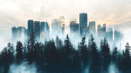 Fototapeta premium Dreamlike Urban Landscape Blended with Ethereal Forest Scenery