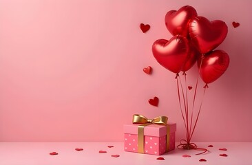 A Valentine's Day greeting card with gift and red balloons in a shape of heart on red background with copy space.