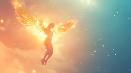 Naklejka premium a floating angel artist with glowing wings and a heaven
