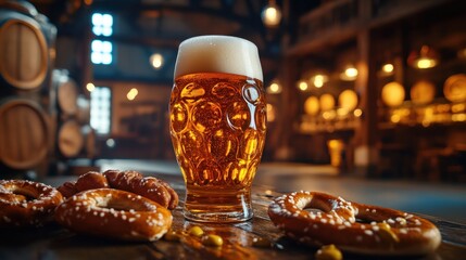 German pilsner with pretzels and bratwurst on rustic table in cozy Bavarian beer hall.

