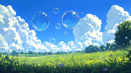 Beautiful summer background with a blue sky, white clouds, and soap bubbles.