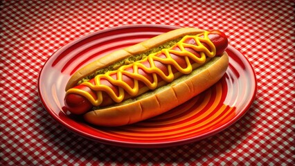A classic hot dog with mustard and relish on a red and yellow plate, resting on a checkered tablecloth.