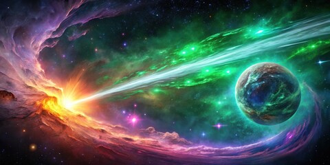 Obraz premium A celestial explosion creates a fiery trail across a swirling nebula, with a distant planet caught in the cosmic dance.