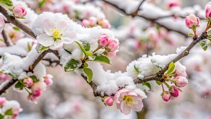 A Delicate Dance of Snow and Spring Blossoms, a Whisper of Winter's Grace on Fragile Petals