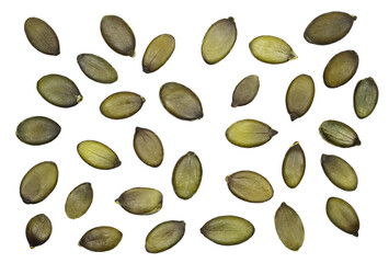 Pumpkin seeds isolated on white, top view