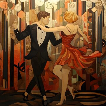 Elegant 1920s Flappers Dancing in Glamorous Art Deco Speakeasy Scene