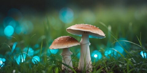 Fototapeta premium Two mushrooms in a field of grass with blue and green lights.