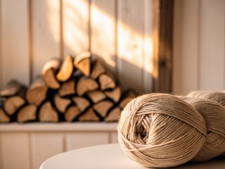 Cozy Scene with Yarn and Firewood in Background.