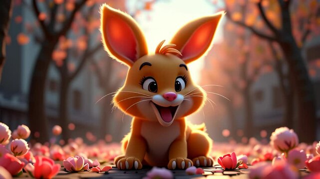 Cute hare on the background of a park with flowers