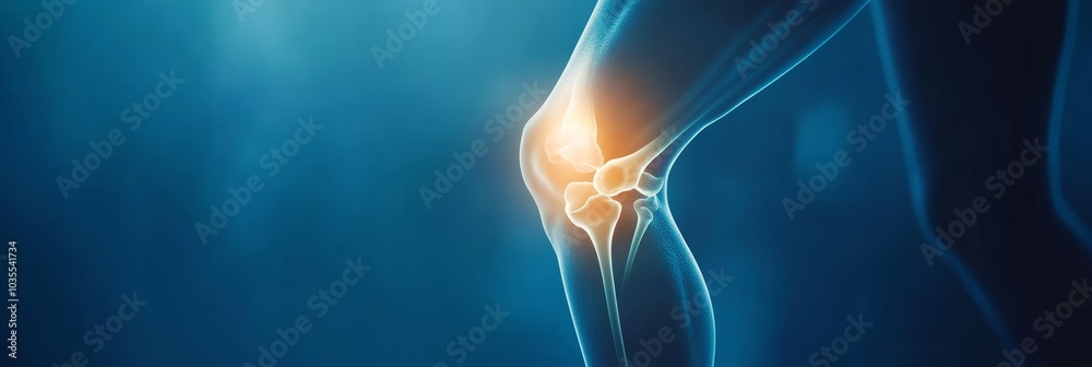 Poster x ray view of a human leg with the knee joint highlighted showing inflammation and pain. this medica