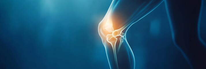 X ray view of a human leg with the knee joint highlighted showing inflammation and pain. This medical illustration could be used to represent a number of orthopedic conditions