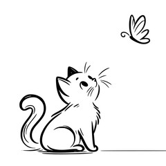 Cat Playing with butterfly line art silhouette 