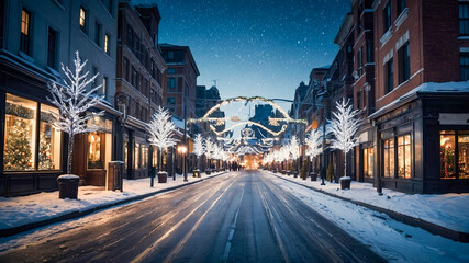 AI-generated image of city streets at night with Christmas decorations