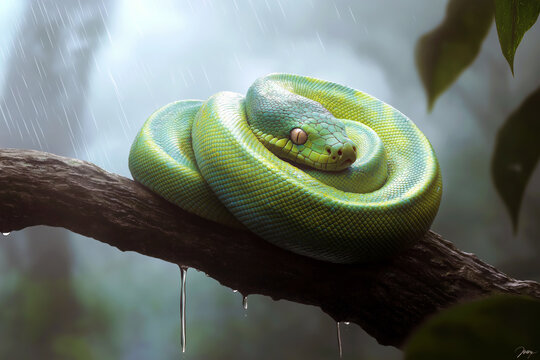 Green tree python coiled on a branch in a misty rainforest, droplets of water clinging to its scales.