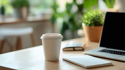 A White Coffee Cup, Notebook, and Laptop on a Wooden Table